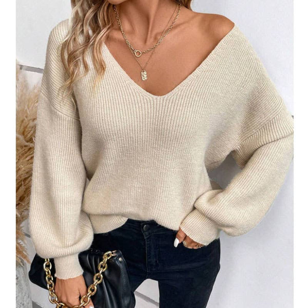V-neck plain knit sweater with back tie