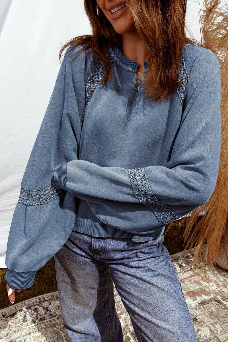 Lace Patchwork Detail Notched Neck Mineral Wash Sweatshirt