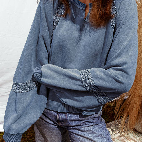 Lace Patchwork Detail Notched Neck Mineral Wash Sweatshirt