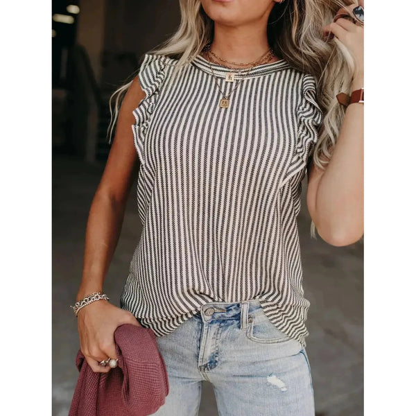 Black and white striped ruffled sleeve tank top; womens clothing.