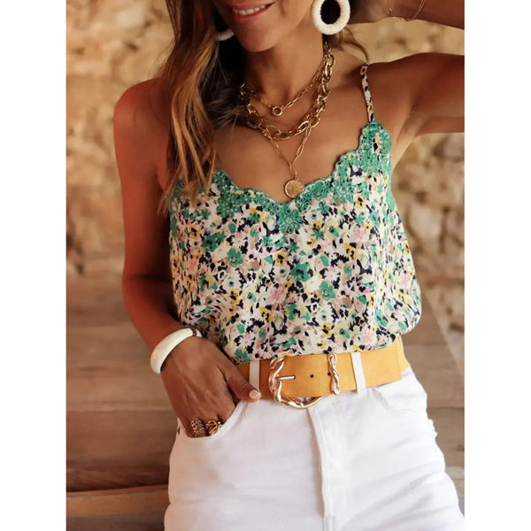 Green floral spaghetti strap tank top; womens clothing.