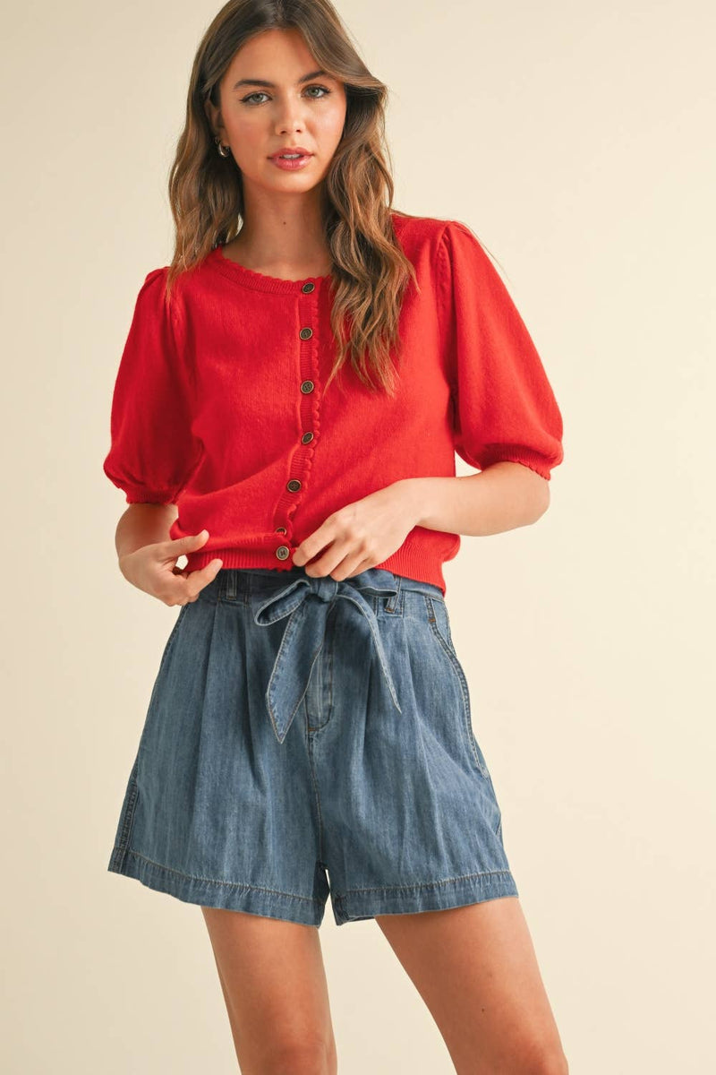 Puff Short Sleeve Button Down Knit Cardigan