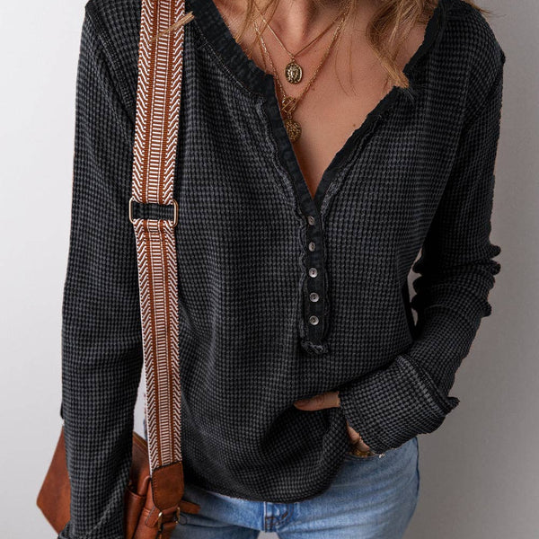 Acid Wash Waffle Long Sleeve Top