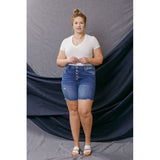 High rise button-down blue jean skinny shorts; womens clothing.