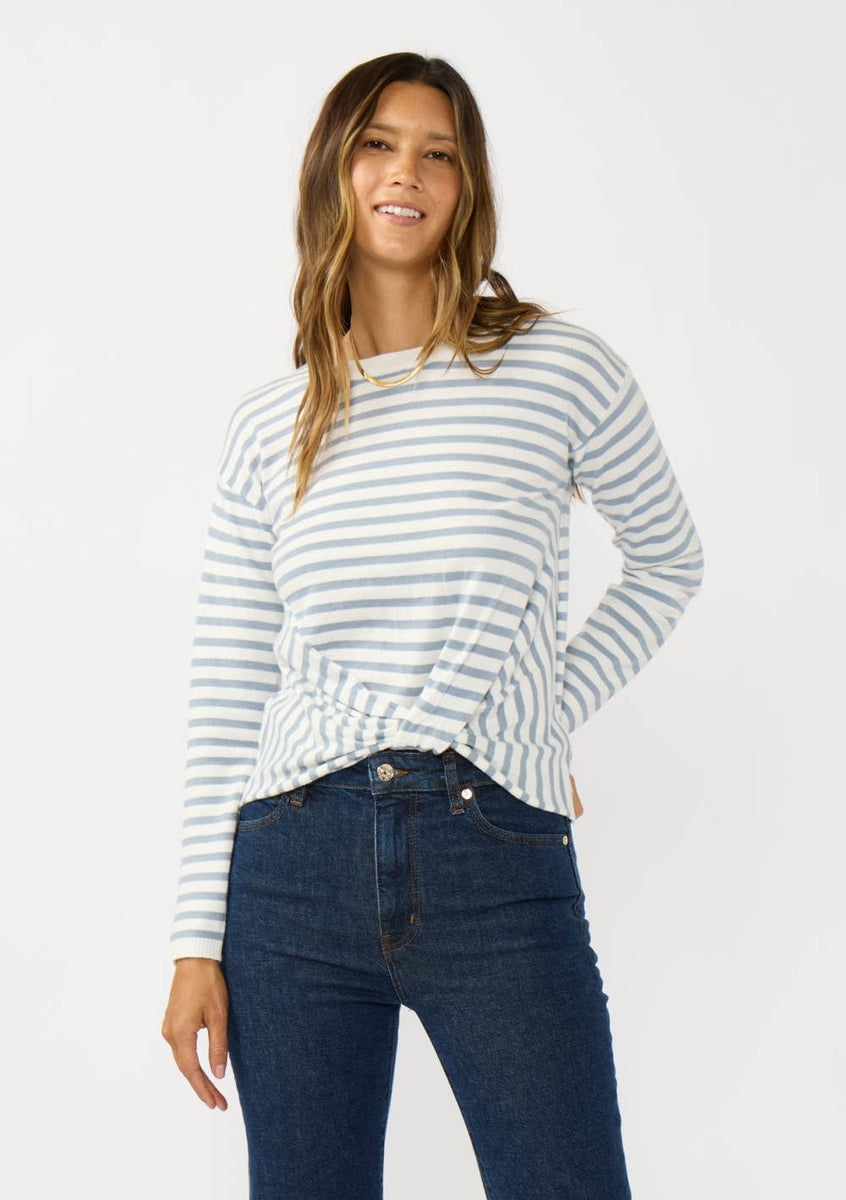 Horizontal Stripe Front Knot Pullover Sweater