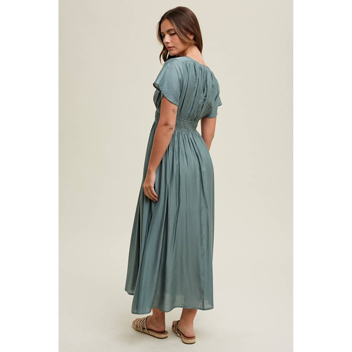 Satin Flutter Sleeve Midi Dress