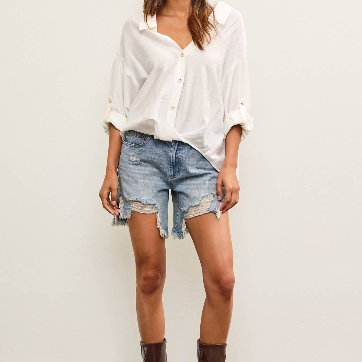 V-Neck Knotted Button Up