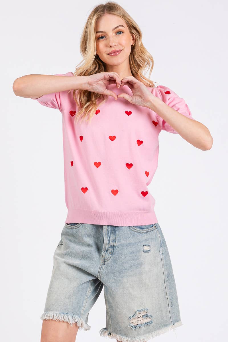 VALENTINES HEART SWEATER SHORT SLEEVE TOP