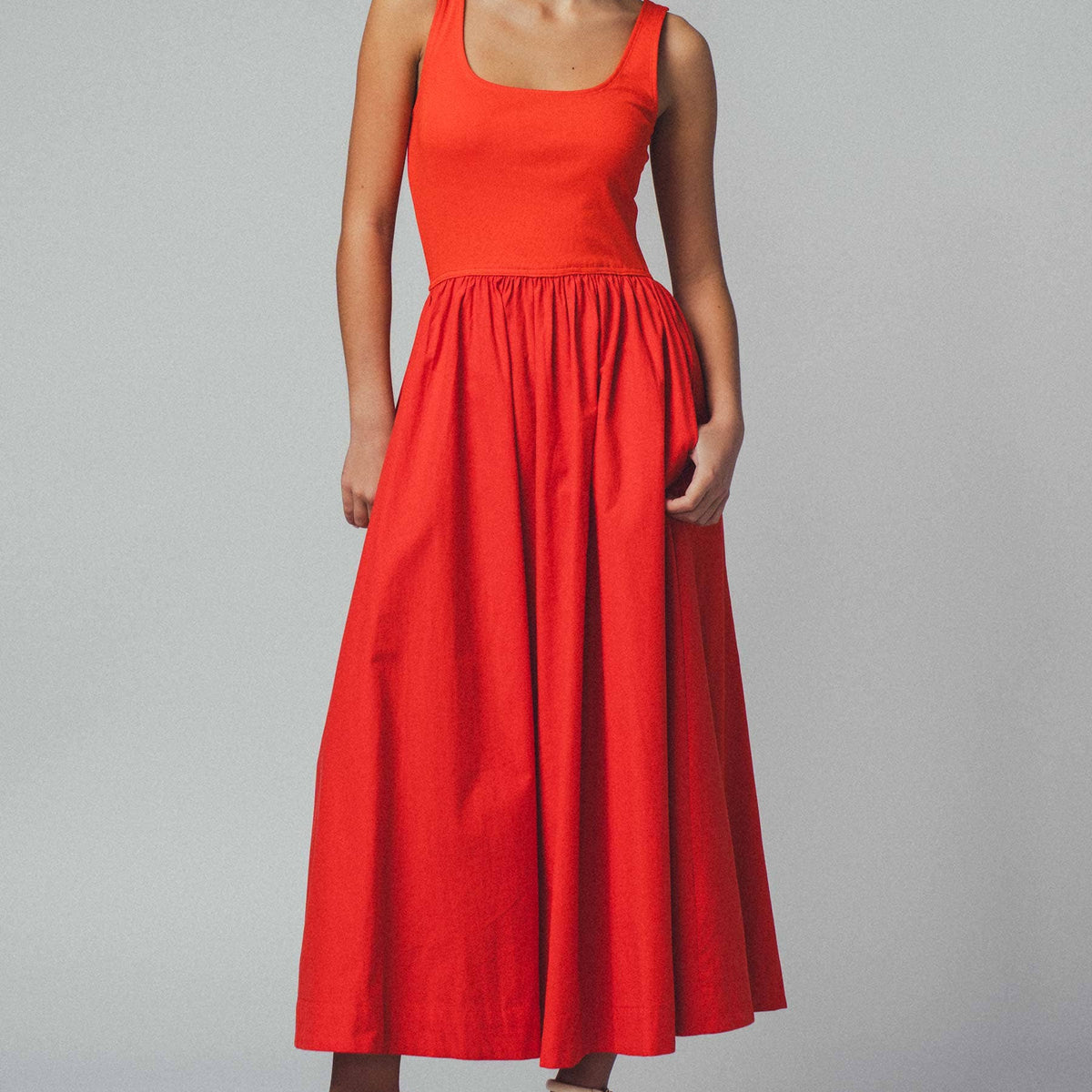 Elegant Square Neck Cotton Blend Gathered Waist Midi Dress