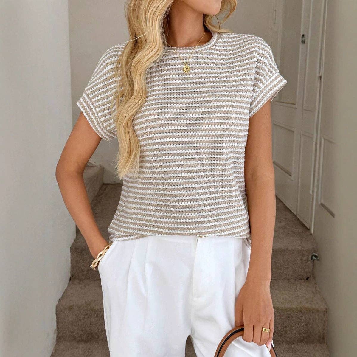 Striped Knit Short Sleeve Pullover Sweater Top