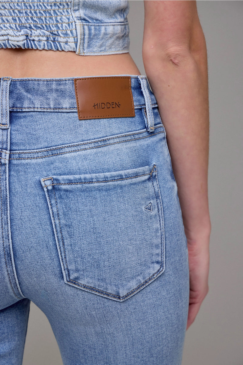 Medium Wash Clean Frayed Hem Stretch Crop Flare- Hidden