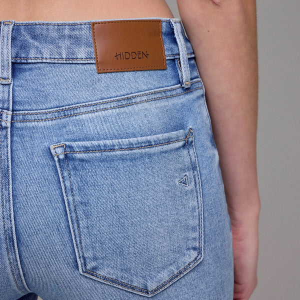 Medium Wash Clean Frayed Hem Stretch Crop Flare- Hidden
