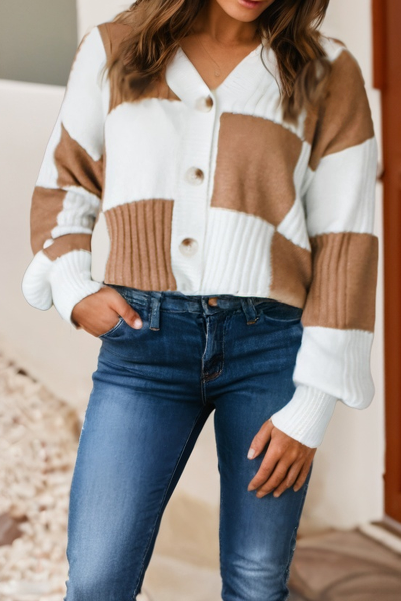 Checkered Ribbed Detail Button V-Neck Cardigan