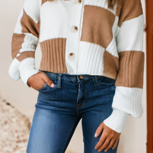 Checkered Ribbed Detail Button V-Neck Cardigan