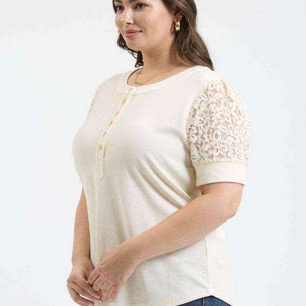 Lacey Puffy Sleeve Knit Top-Curvy