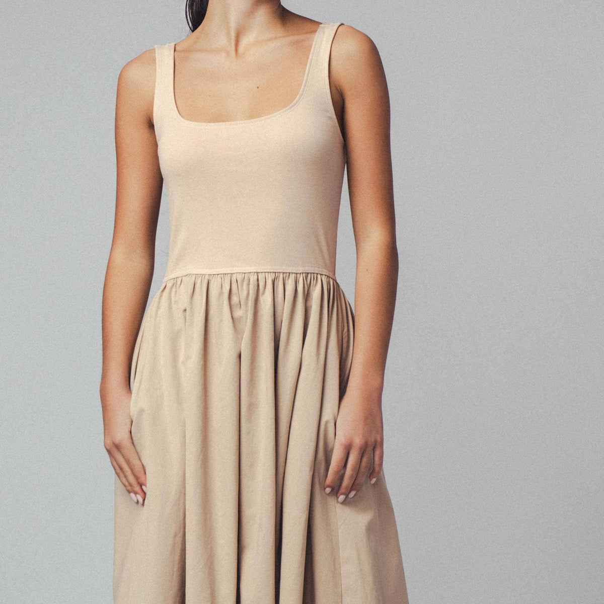 Elegant Square Neck Cotton Blend Gathered Waist Midi Dress