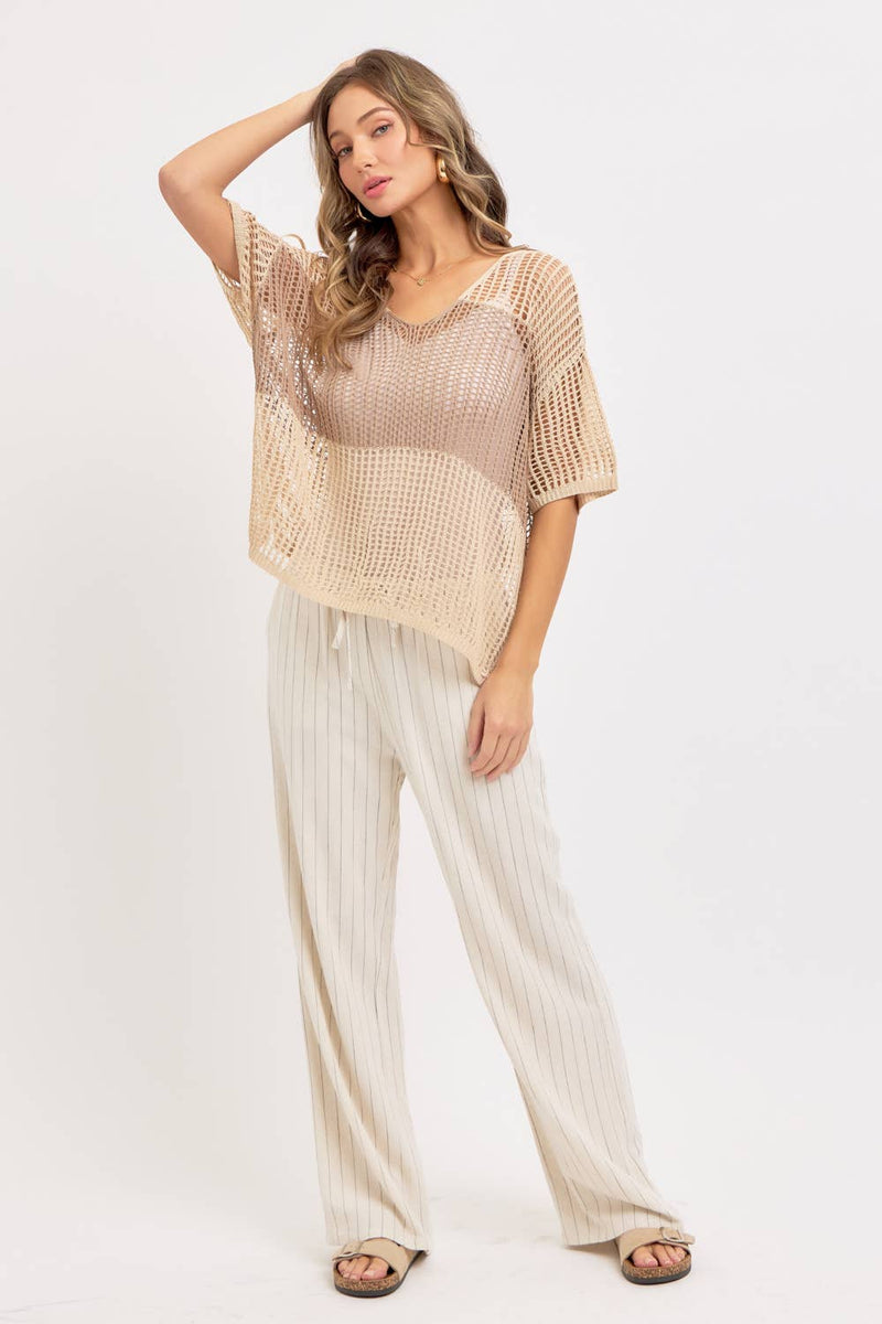 Linen Blend Striped Pull on Pants