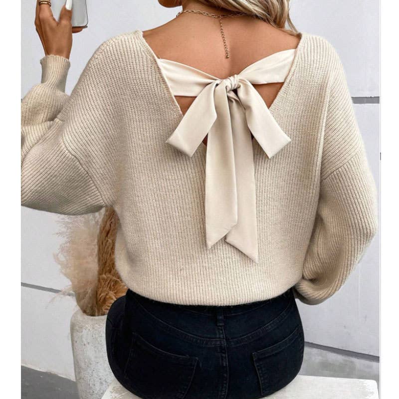 V-neck plain knit sweater with back tie