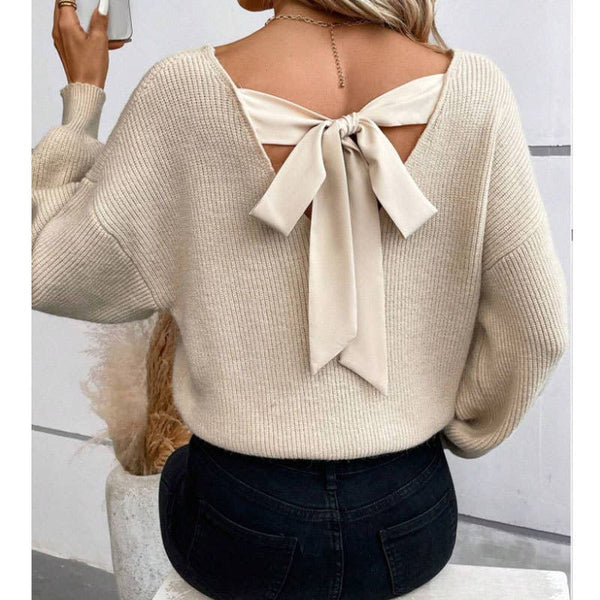 V-neck plain knit sweater with back tie