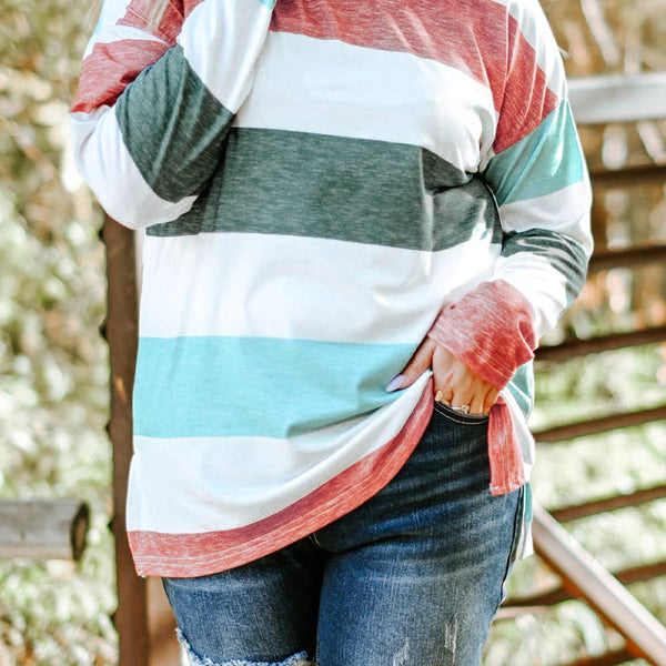 Striped Color Block Long Sleeve-Curvy