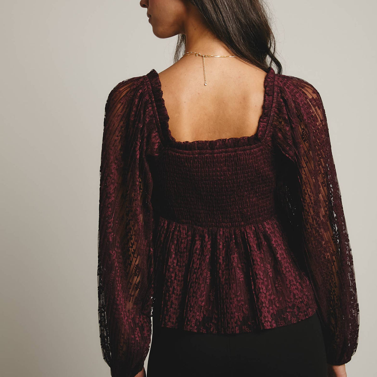 Zoey Pleated Lace Peplum Blouse