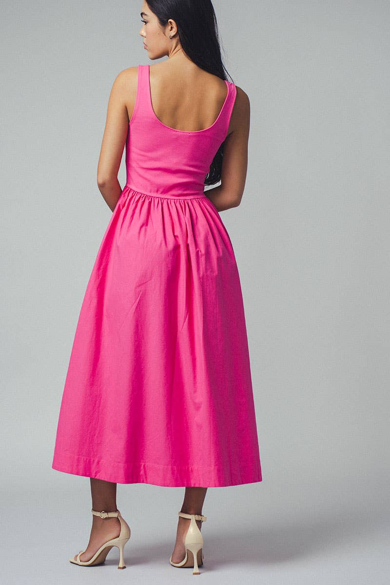 Elegant Square Neck Cotton Blend Gathered Waist Midi Dress