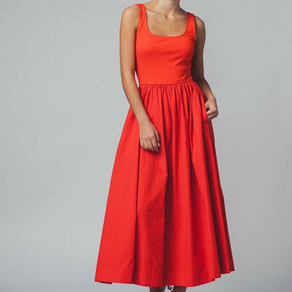 Elegant Square Neck Cotton Blend Gathered Waist Midi Dress