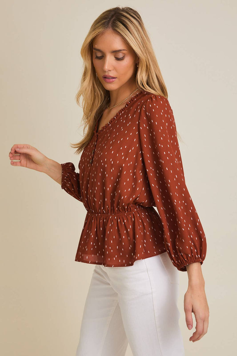 V-NECK BUTTON UP LONG SLEEVE FLARE HEM ABSTRACT TOP