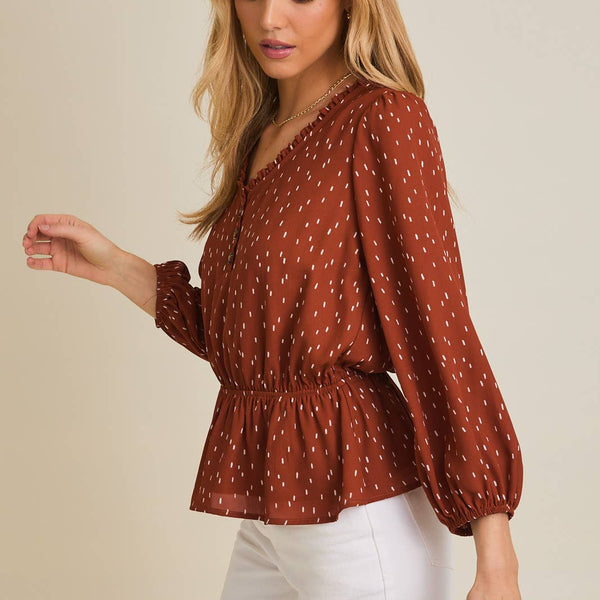 V-NECK BUTTON UP LONG SLEEVE FLARE HEM ABSTRACT TOP