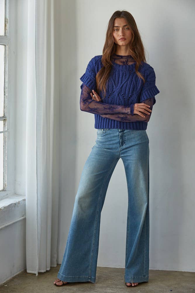 Knit Sweater Crochet Round Neck Short Sleeve Top