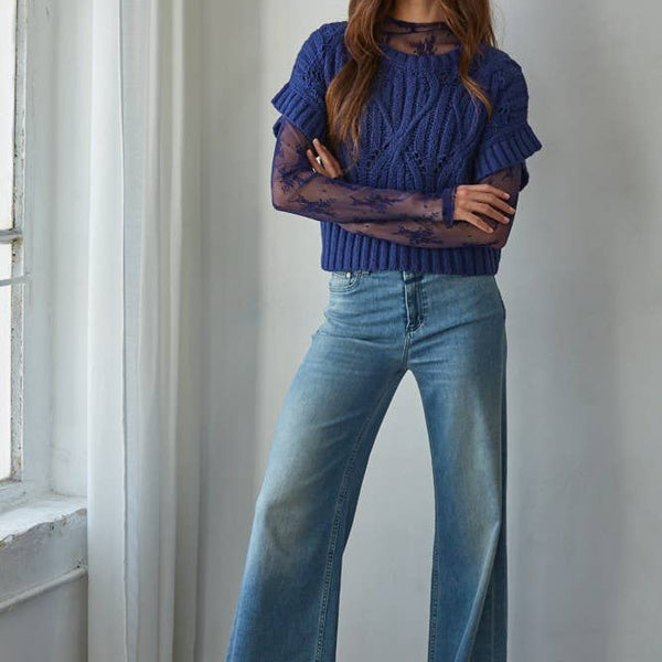 Knit Sweater Crochet Round Neck Short Sleeve Top