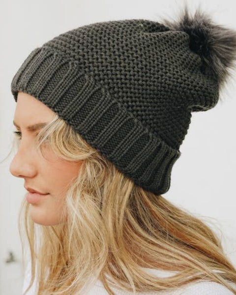 Sherpa Lined Pom Beanie Hat - womens accessories