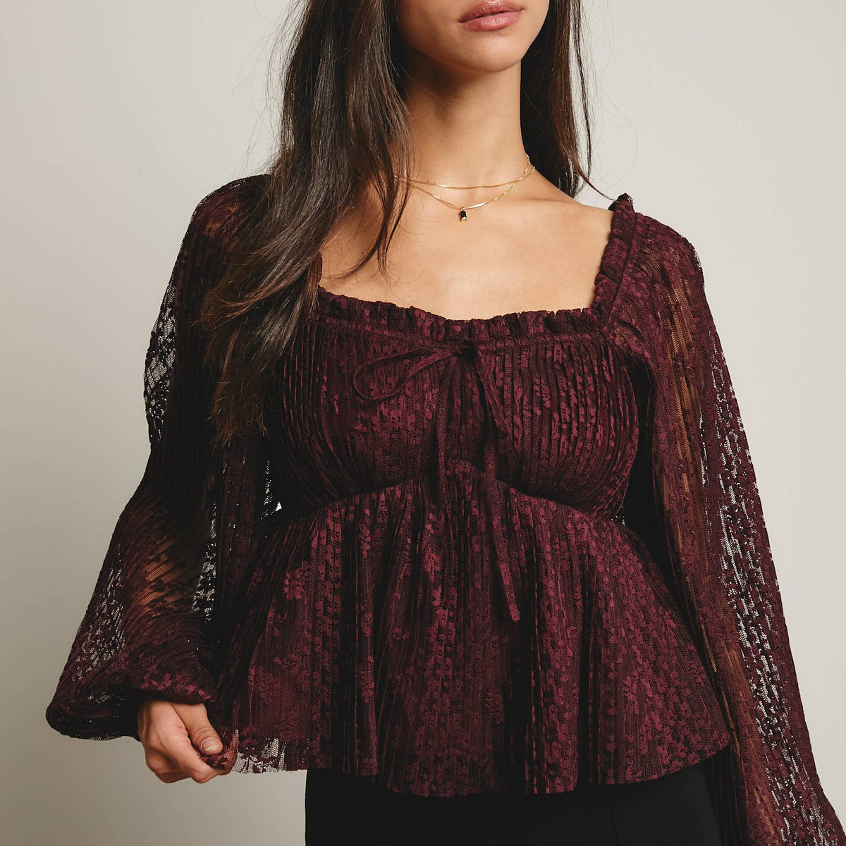 Zoey Pleated Lace Peplum Blouse