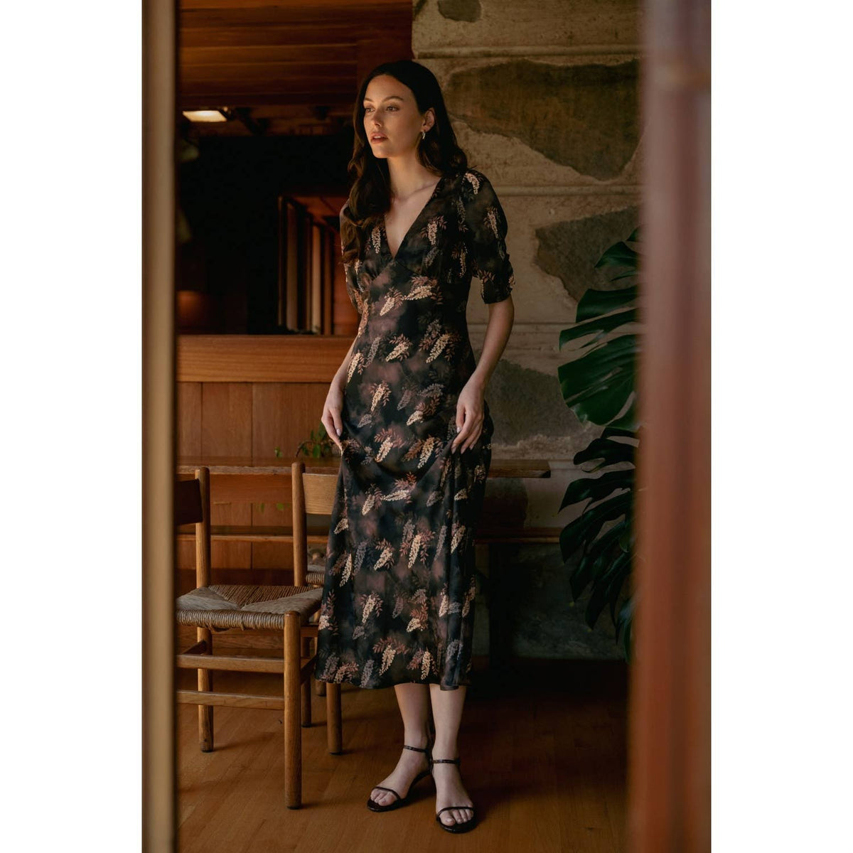 Leaf Print Satin Dress