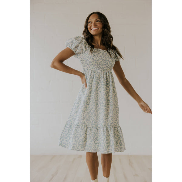 Scrunched Puff Sleeve Dress in Blue/Green