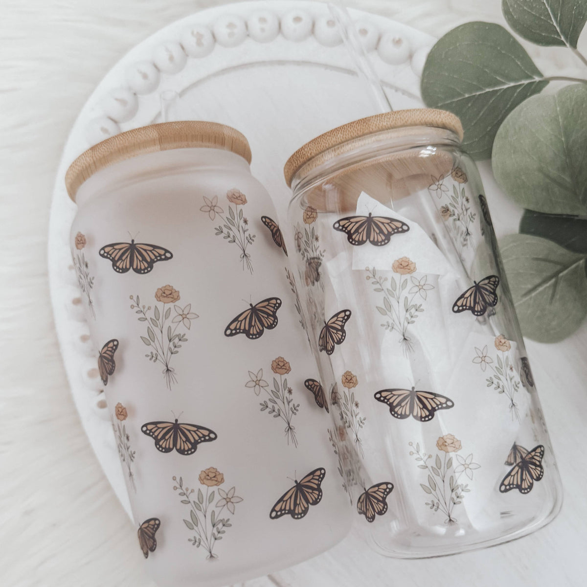 Boho Butterfly 16oz Glass Cup with Bamboo Lid