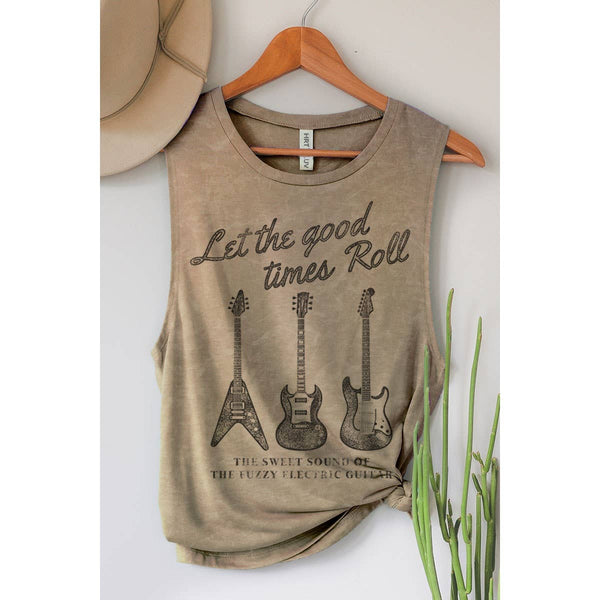 LET THE GOOD TIMES TO ROLL GUITAR MINERAL GRAPHIC TANK TOP