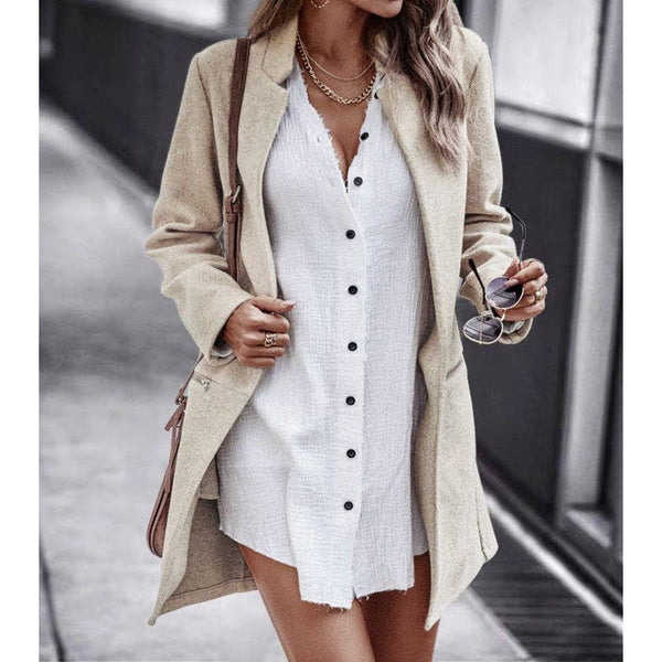 Open front notch collar mid-length coat - womens clothing