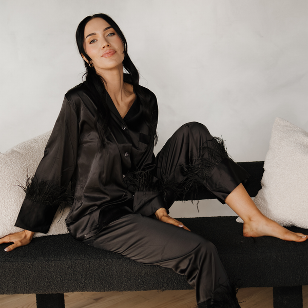 Black Feathers Satin Pants Set