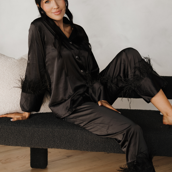 Black Feathers Satin Pants Set