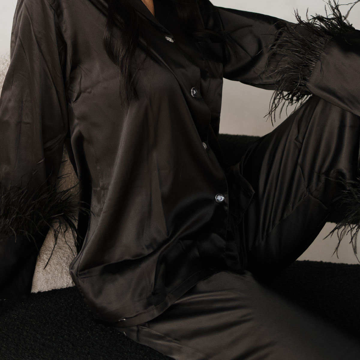 Black Feathers Satin Pants Set