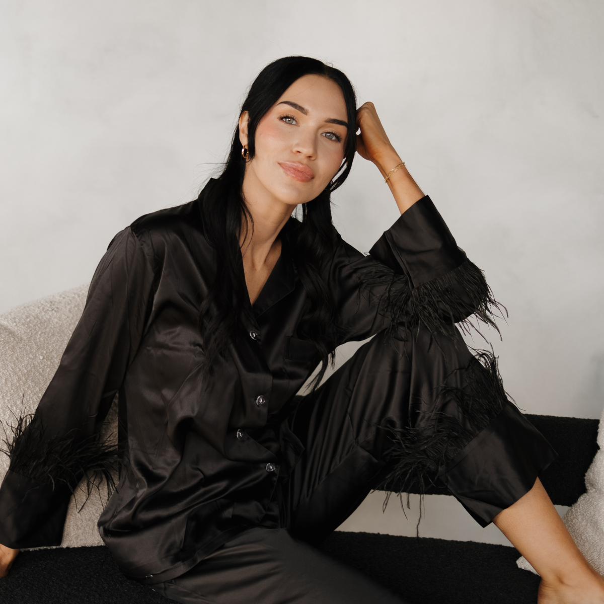 Black Feathers Satin Pants Set