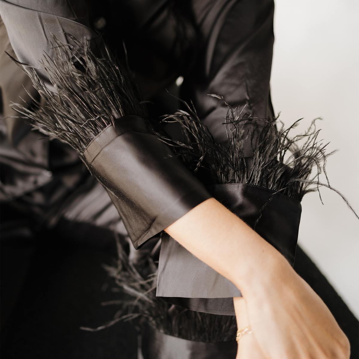 Black Feathers Satin Pants Set