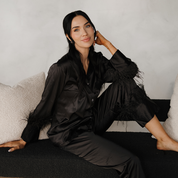Black Feathers Satin Pants Set