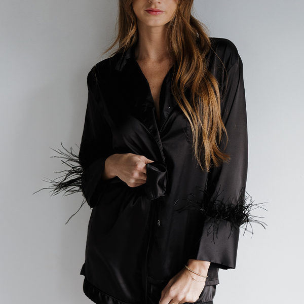 Black Feathers Satin Shorts Set