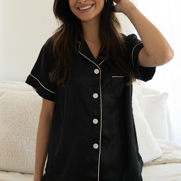 Black Satin Pajamas Shorts Set