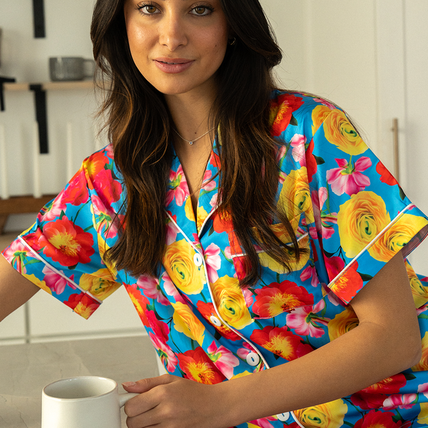 Blue Floral Satin Pajamas