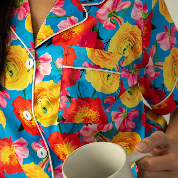 Blue Floral Satin Pajamas