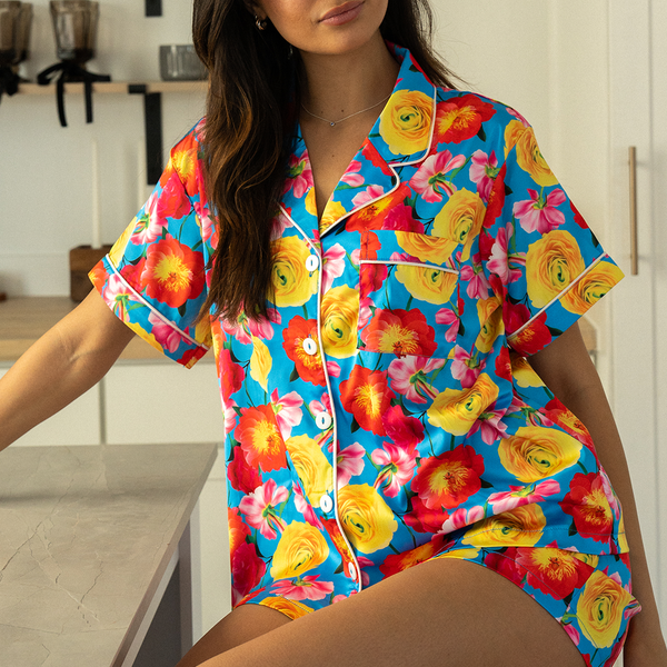 Blue Floral Satin Pajamas