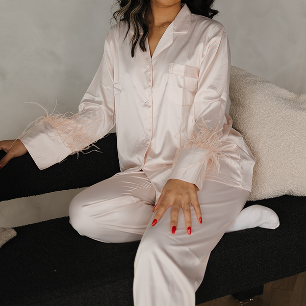 Blush Feather Satin Pants Set